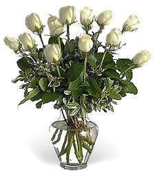 Dozen White Roses - One dozen of the finest long stemmed white Ecuadorian roses carefully designed in their natural beauty in a clear glass vase among a variety of greenery and filler flowers.  