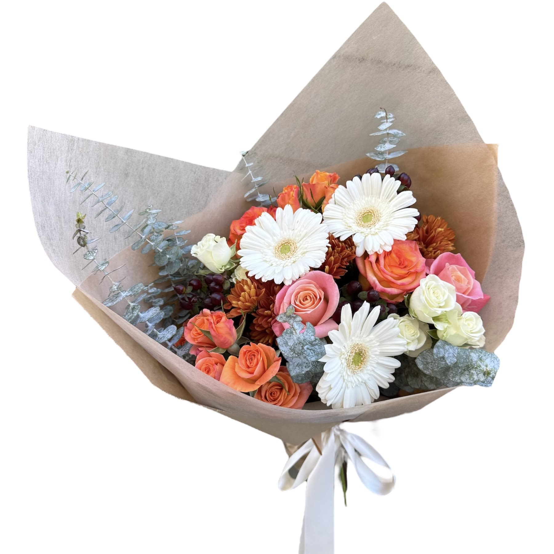 Winter Bouquet - White gerbera daisy, orange spray roses, peach roses, eucalyptus and more wrapped in paper as shown in photo. NO VASE INCLUDED. Wrapped Bouquet.