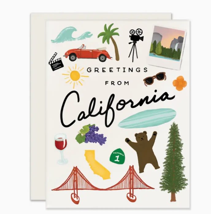 Greetings From California - Send someone sunny greetings from California!   • A2 size card &amp; envelope (4.25 x 5.5") • Folded card, blank interior • Printed full color on cream 110lb cardstock • Designed &amp; printed in the USA  Details • Made in United States • Weight: 0.4 oz (11.34 g) • SKU: ALL 066