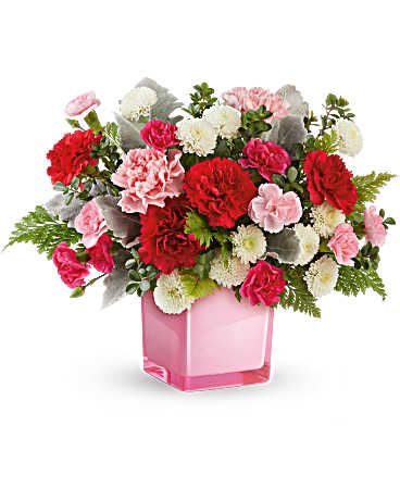Tranquil Love - Red, pink and white carnations, pomps and some roses in a pink cube.