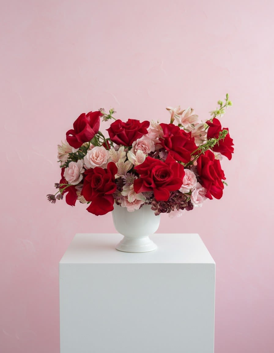 Ruby Rose Garden - A premium vase arrangement with a dozen reflexed roses, hydrangeas, spray roses, and alstroemeria, designed full and luxurious in a white keepsake vase. Flowers may vary slightly based on availability.