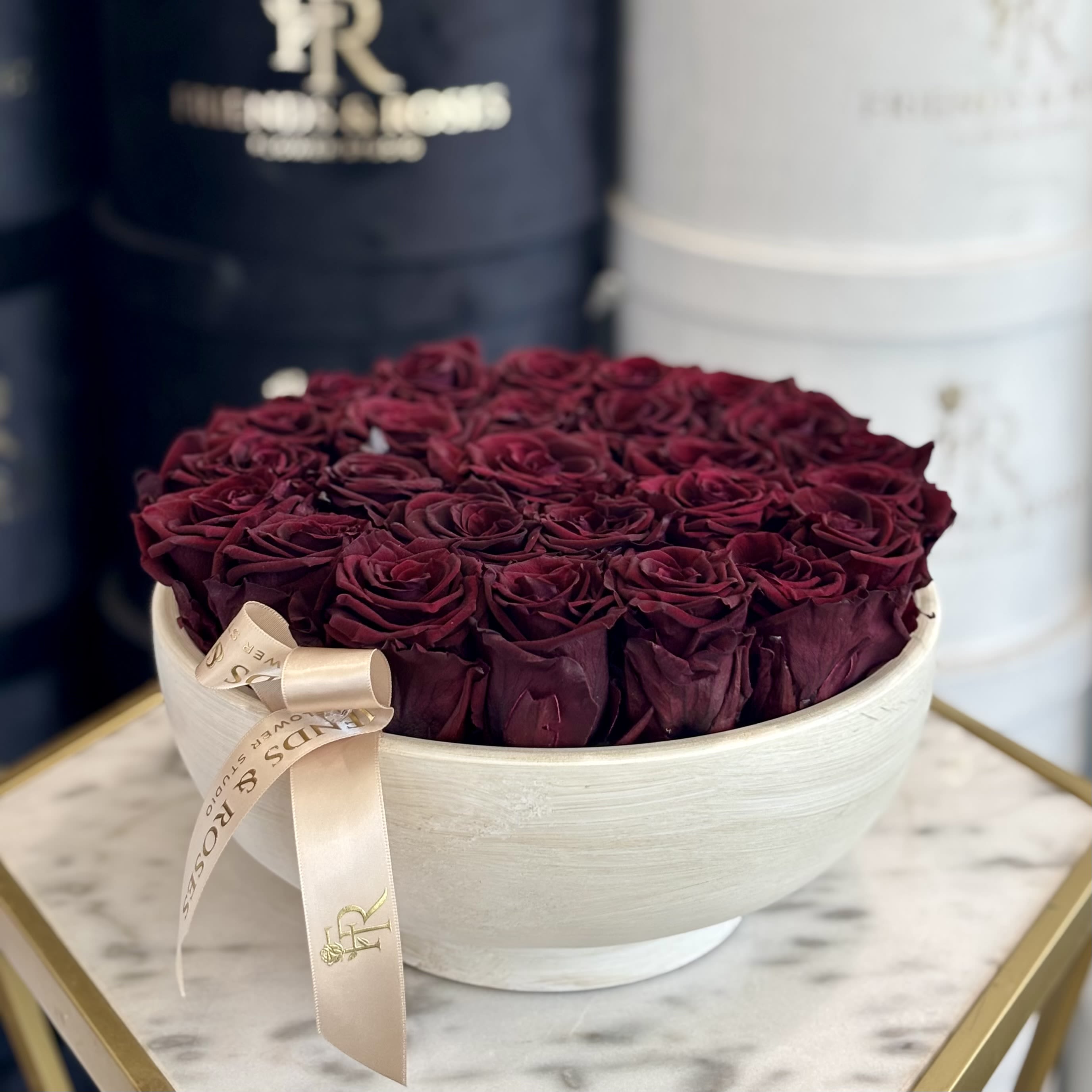 Beaune ( Preserved Roses) - Burgundy preserved roses in our flat vase , beautiful gift and design add on.  Approx. 25 roses