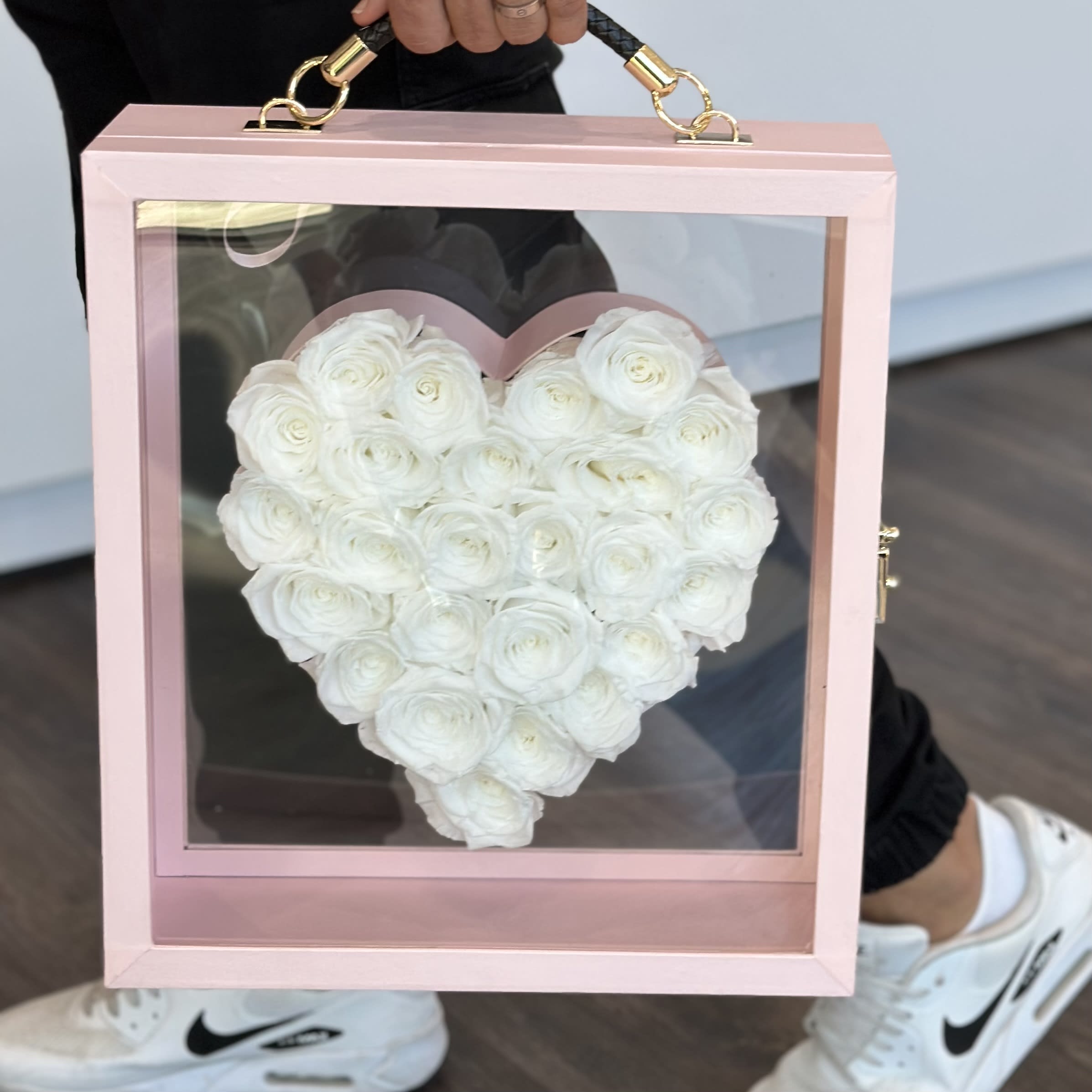 You Have My Heart (Eternal White) MD - Preserved white roses in a heart suitcase box. Everyone will adore this box, making it a stunning gift for any occasion.  Preserved roses last over one year, no care needed.