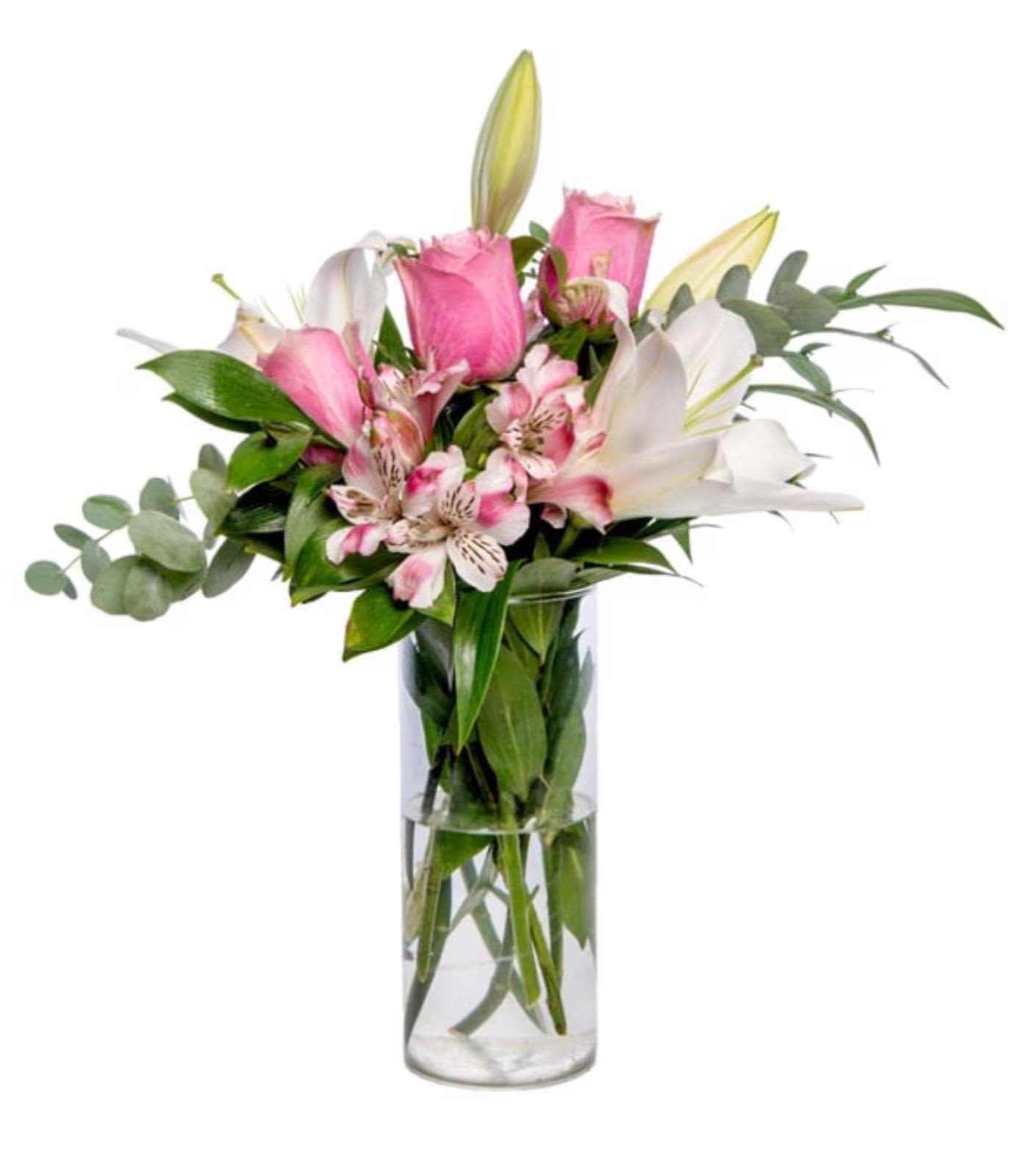 Quadrangle Beauty  - lily, roses, eucalyptus and alstroemeria.