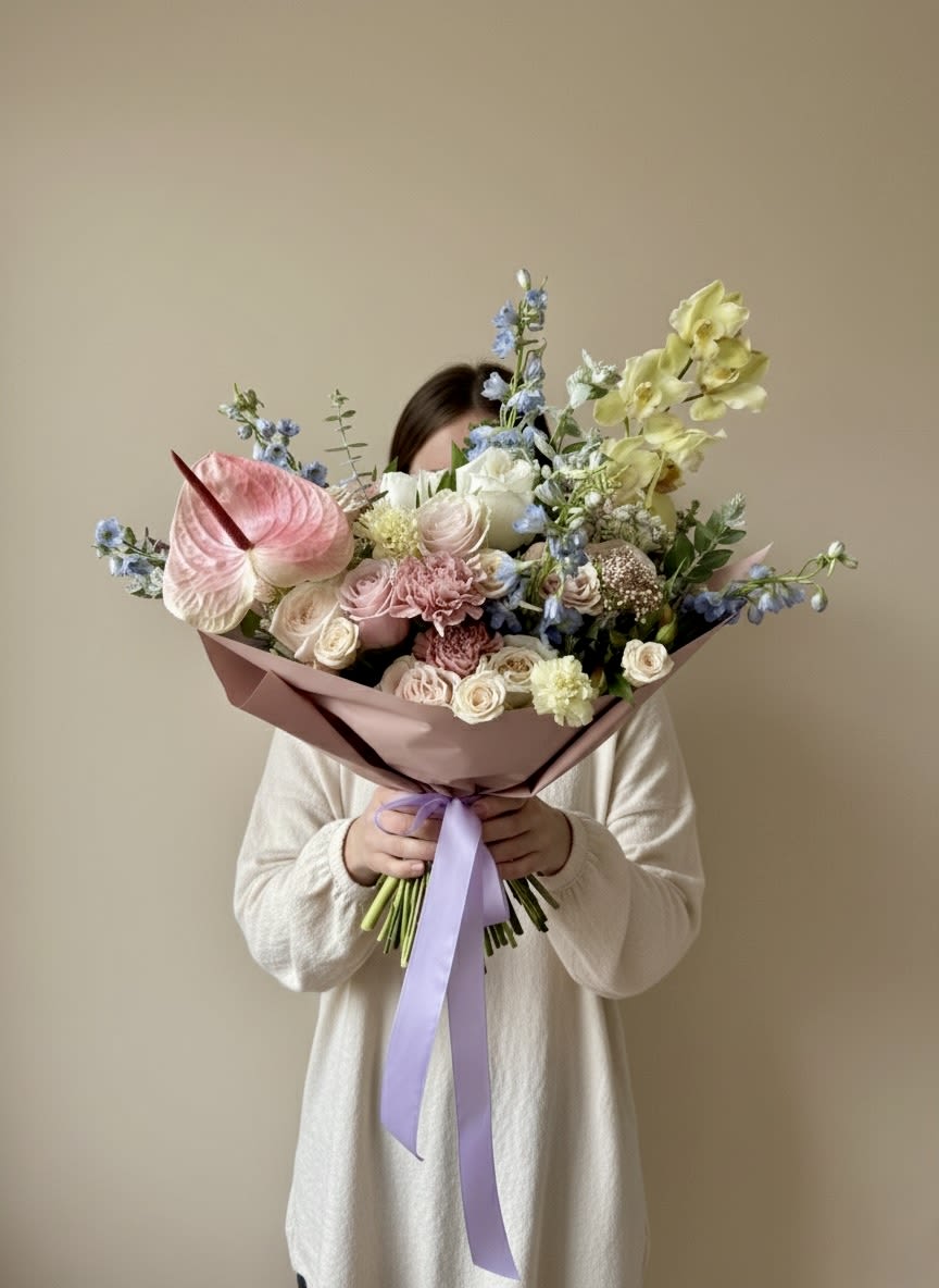 La Vie en Pastel - Modern romance in soft tones.  A soft celebration of color and elegance, La Vie en Pastel features a luxurious medley of blooms in shades of blush pink, lilac, sky blue, and buttery yellow. Wrapped with care in our signature style, this bouquet evokes effortless sophistication and refined charm — a timeless expression of beauty in delicate hues.