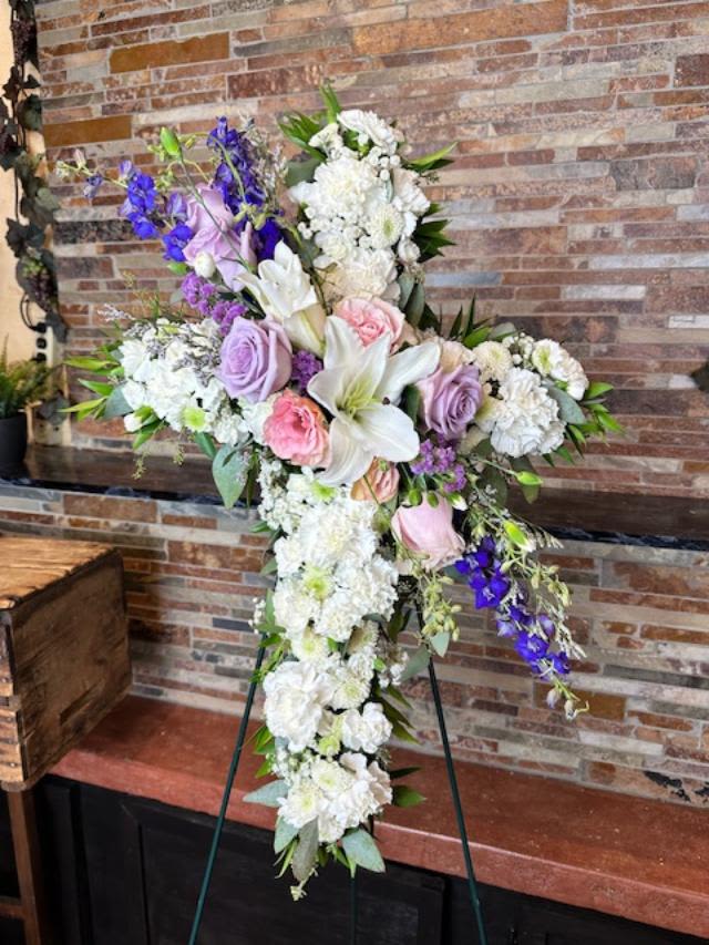 Lavender Memories Cross - This Cross is the perfect companion to our Lavender Garden Heart, or all by itself. It's full of mixed blooms in soft colors and textures. Customizations available on request- 