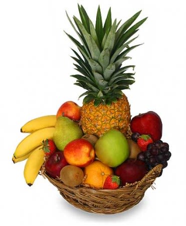 PREMIUM FRUIT BASKET GIFT BASKET  -  (Please remember that each selection is custom made and substitutions may be necessary. Your order will be produced as closely as possible to the picture.) Includes:  Round Basket With Handle,   Pieces Of Asst Seasonal Fresh Fruit, (Items Shown: Bananas, Nectarines, Apples, Orange, Grapes, Strawberries, Pear, Kiwis &amp; Pineapple). 