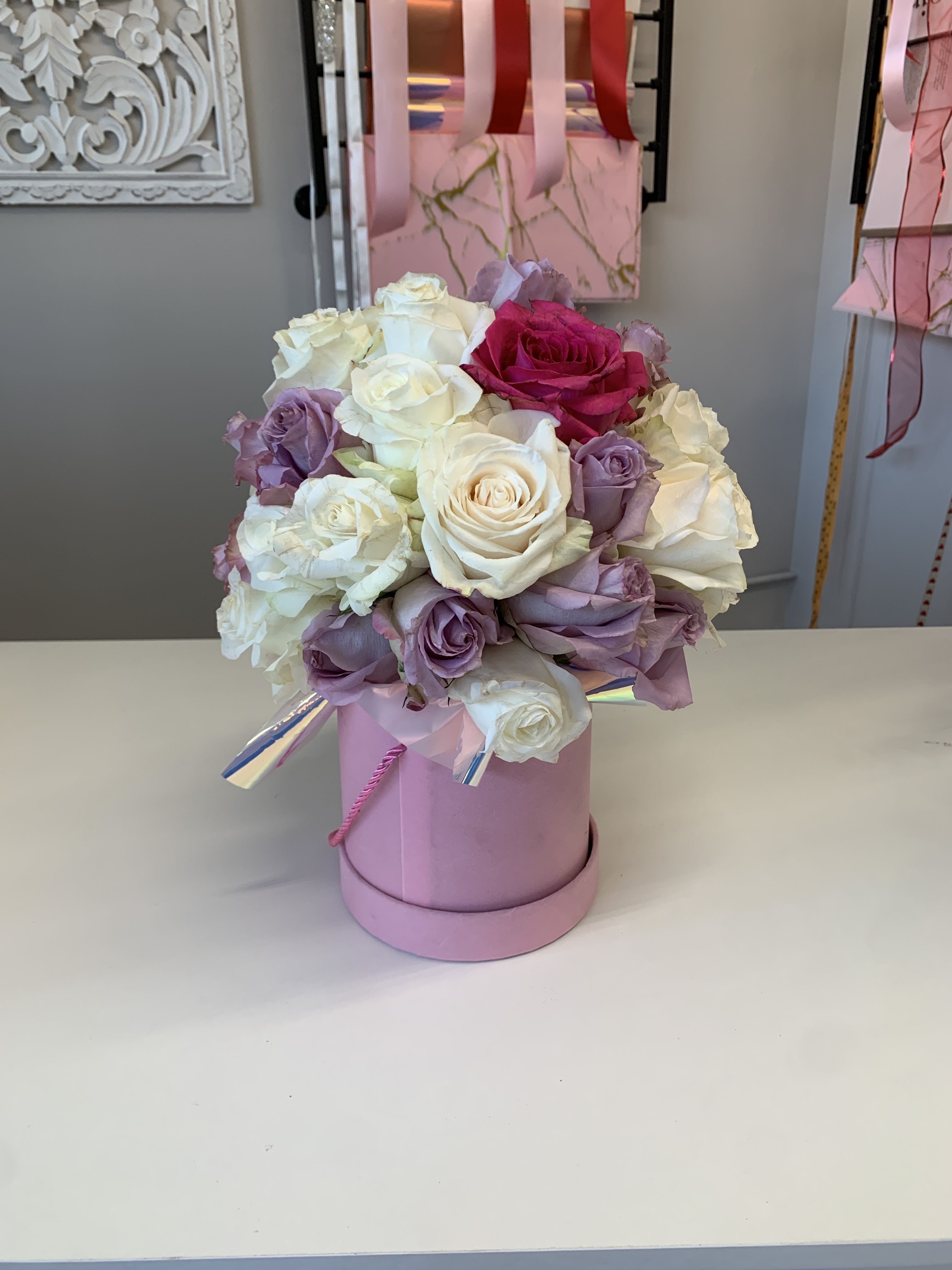Sweet Candy  - Lovely white, lavender and hot pink roses in a pink box. 