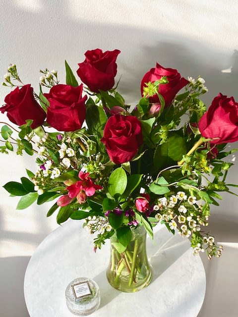 Valentine's Collection: Classic Valentine - Vase of 1/2 dozen red roses with English Garden foliage mix and accent flowers. 