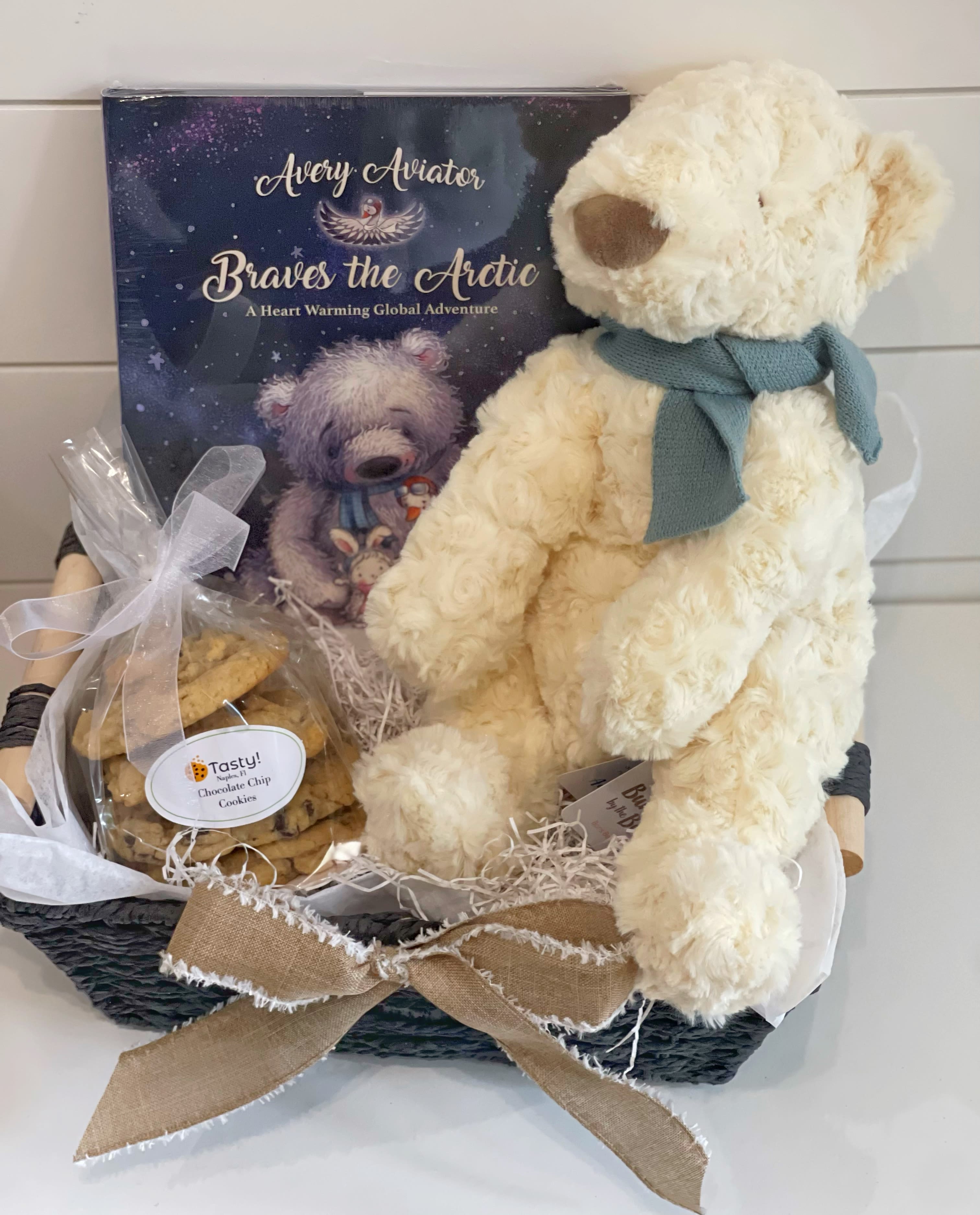 Polar Bear Basket -  -Avery the Aviator Braves the Arctic Story book -Stuffed Polar Bear -Boris Bear from Avery the Aviator Braves the Arctic Story book -4 Fresh chocolate chip cookies 