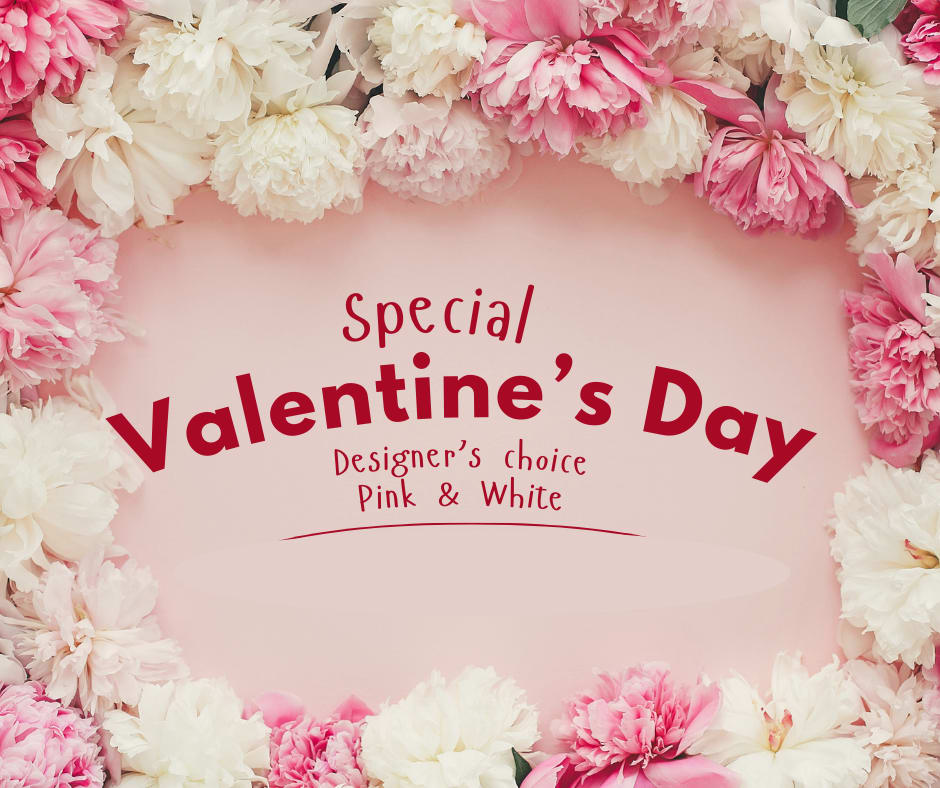 Valentine's Day Pink and White - Allow our expert floral designers to create a beautiful Pink and white Valentine's arrangement with greenery. Everyone is unique and so should the flowers sent to someone you care about. Simply select one of the size options and we will design a unique arrangement with the freshest available florals in a coordinating container. Arranged by Hand Hand Delivered Expertly Designed Uniquely Curated 100% Quality Guarantee