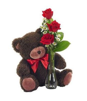 3 Roses And A Medium Bear - Send a cute and cuddly gift with 3 Roses and a Bear. The red roses are perfect to send to a loved one who is dear to you paired with the cutest plush teddy bear. 3 Roses and a Bear is a great gift to send to your daughter at school or to your loved one at home. Available for same day delivery. Picture is just for example; styles are subject to availability. ** BEAR WILL VARY**