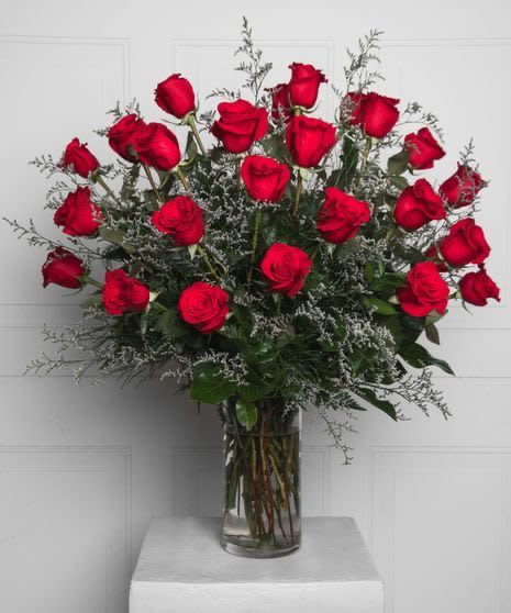 2 DZ Red Roses - 24 gorgeous and rich long-stem red roses, complete with greenery and design in a glass vase
