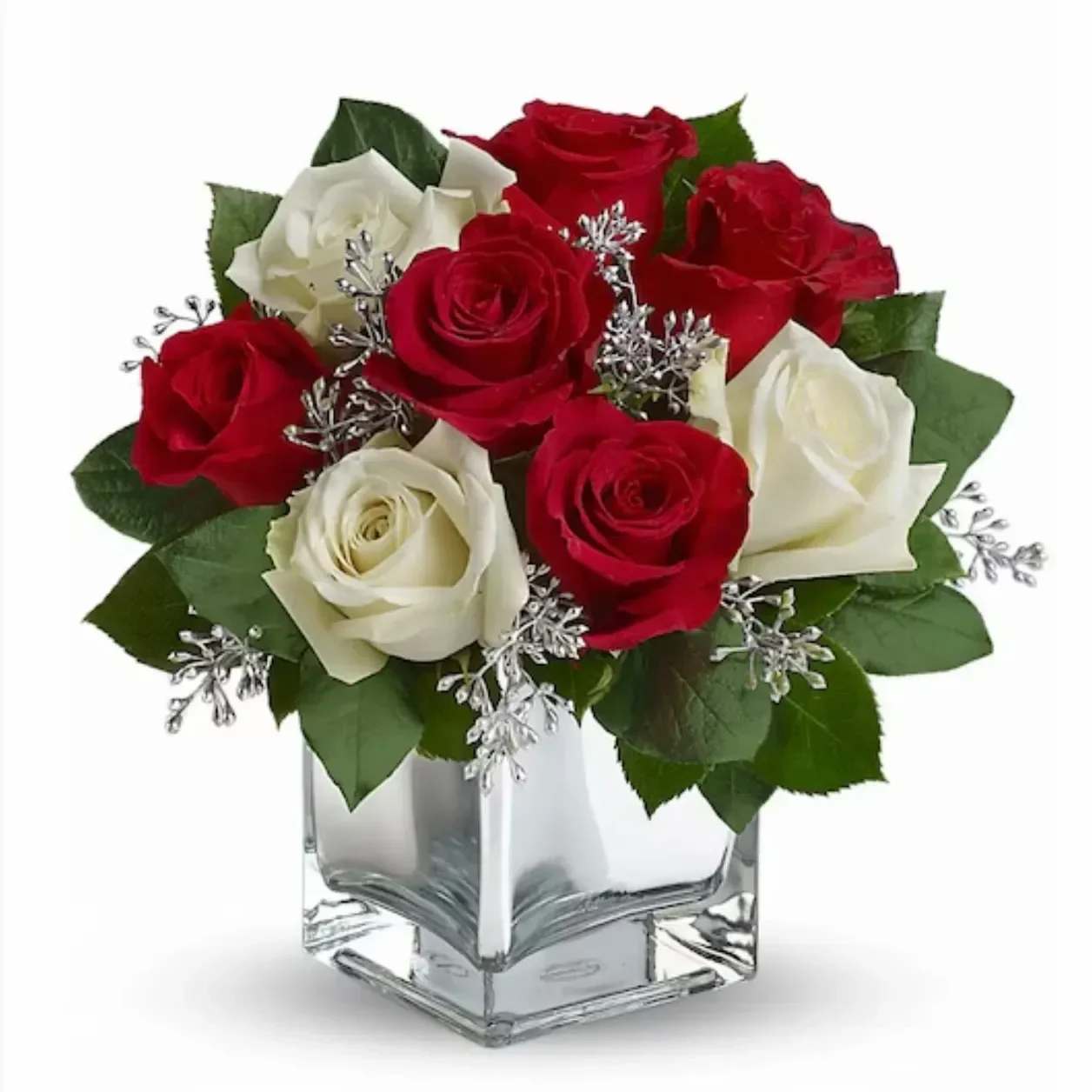 Rubies &amp; Pearls - This is a very elegant and exciting bouquet with red and white roses and fresh greens in a dazzling silver cube vase. Suitable for any occasions &amp; celebrations to show your gratitude and care. Valentine's, Birthday, anniversary, thinking of you, Christmas holidays or even just because...etc.   