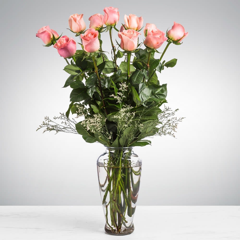 Dozen Long Stemmed Pink Roses by BloomNation™ - These pink roses are cheerful and fun! Dozen Long Stemmed Pink Roses by BloomNation™ is the perfect gift to show your love and appreciation.  APPROXIMATE DIMENSIONS: 25" H X 18" W  