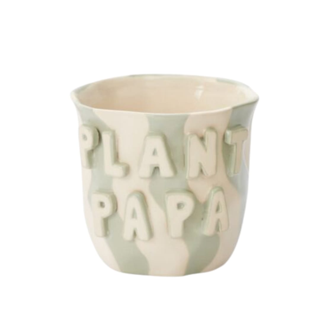 Favorite Parent Pot - PAPA  - Celebrate plant parents with the Favorite Parent Pot Collection. Perfect for green thumbs and new plant parents alike, these ceramic pots make ideal gifts for Mother’s Day, Father’s Day, birthdays, or just because. Featuring sage green, watertight pots with neutral stripes and hand-applied dimensional letters, these pots are perfect for a 4-inch drop-in plant baby.