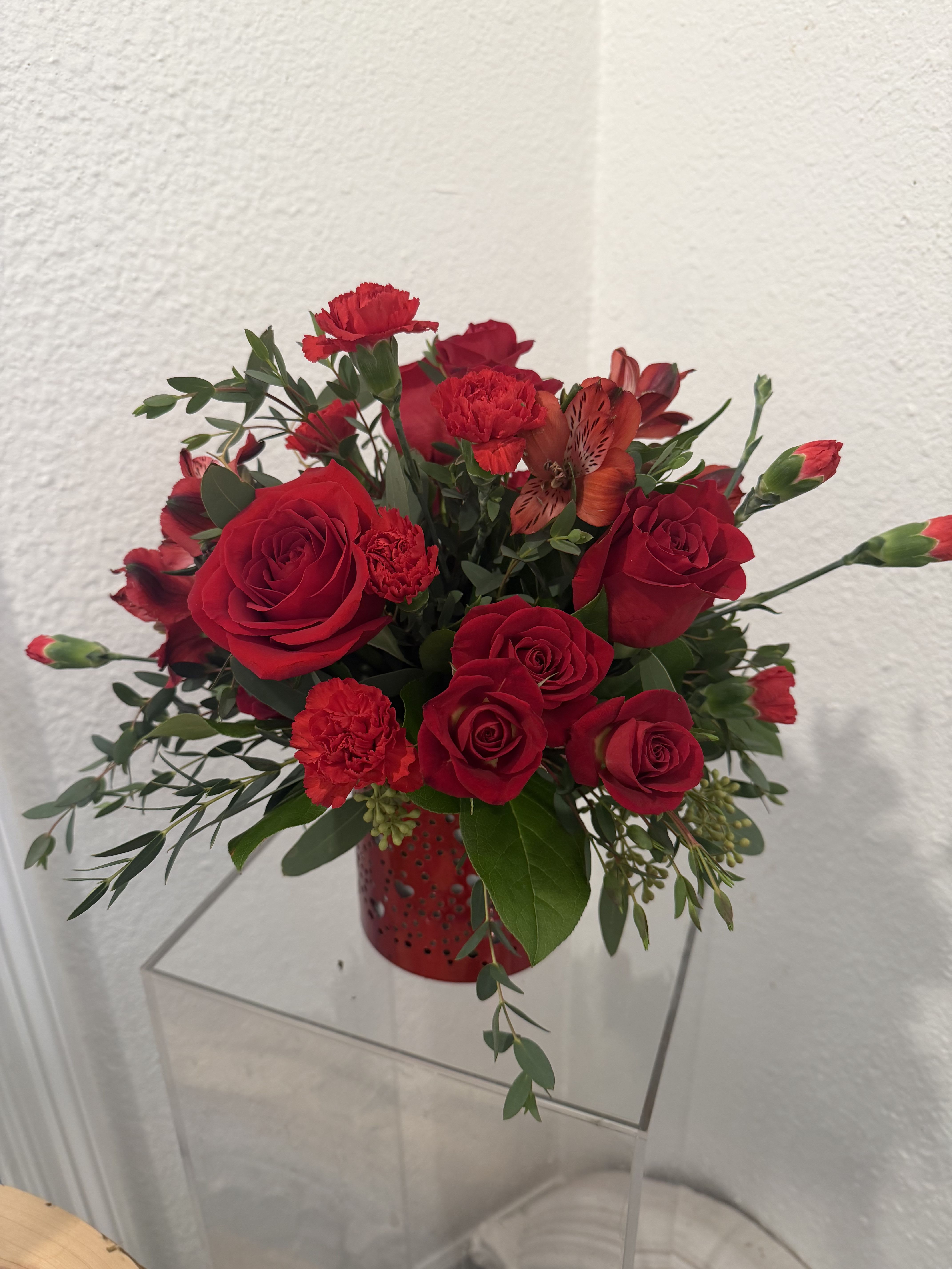 I Heart You Bouquet - Let your love shine with the I Heart You Bouquet, featuring a passionate mix of red roses, alstroemeria, and carnations arranged in a red metal lantern adorned with charming heart and dot cutouts-a heartfelt Valentine's Day keepsake