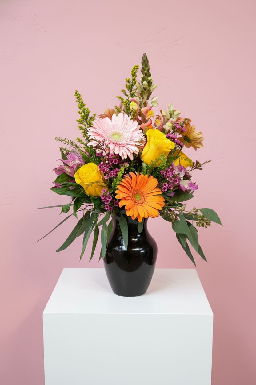 Fantastico Blooms - Stunning Gerbera Daisies, Snaps and Roses make this fresh vase arrangement a favorite of many!  Fantastic colors that are available will be chosen to make this a stunner gift!