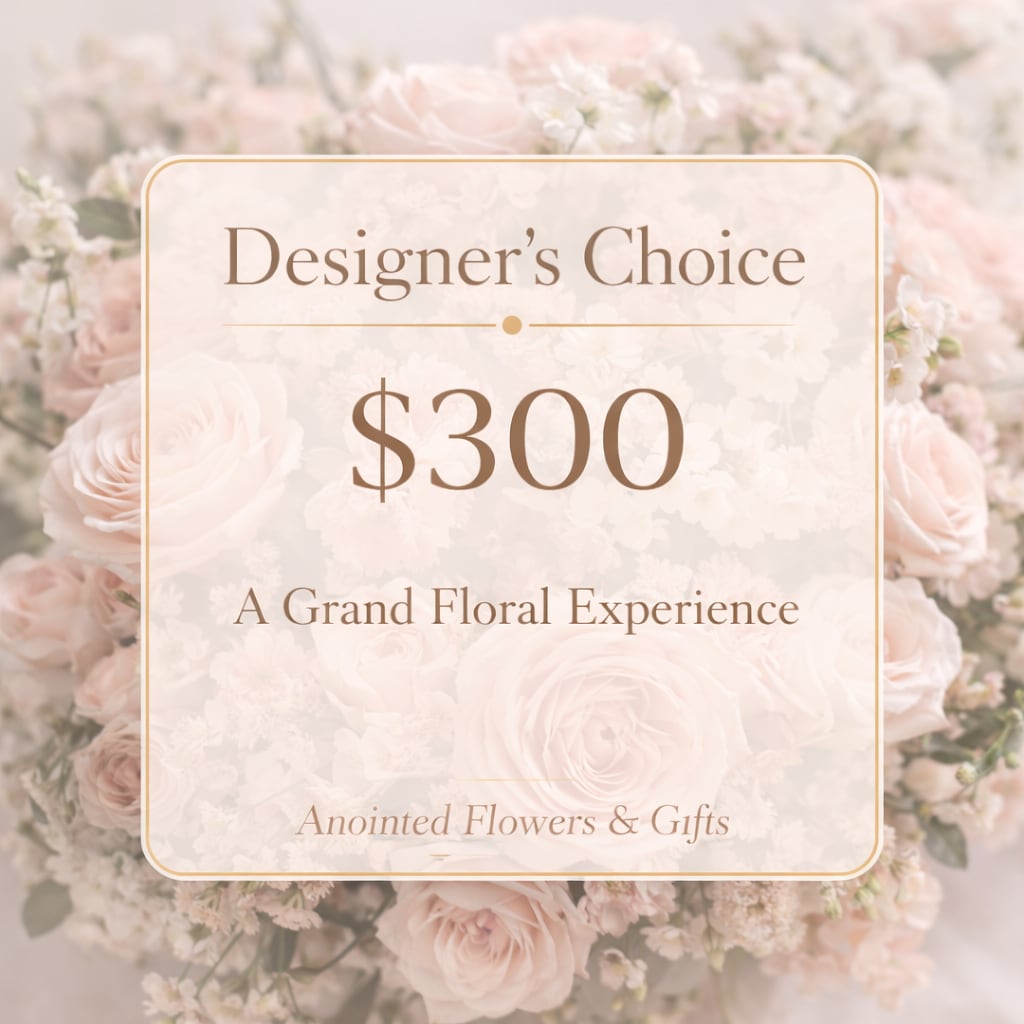 Designers Choice $300 - Our most elevated floral offering. This grand arrangement features premium, hand-selected blooms artfully designed with lush movement and refined detail. Perfect for milestone moments, grand gestures, or when only the very best will do. Colors and florals are designer-selected based on season and availability.
