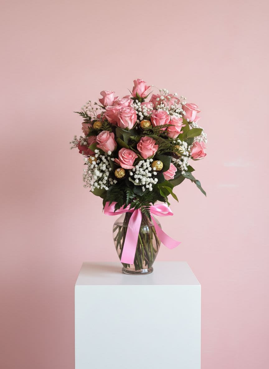 I Love You Pink Roses Glass Vase Arrangement - “I Love You” Pink Rose Vase Arrangement Say “I love you” with elegance. This stunning bouquet features premium pink roses, baby’s breath, and lush greenery, perfectly arranged in a clear glass vase. Accented with a satin ribbon and paired with a heart-shaped balloon, this design is ideal for anniversaries, birthdays, or just because.