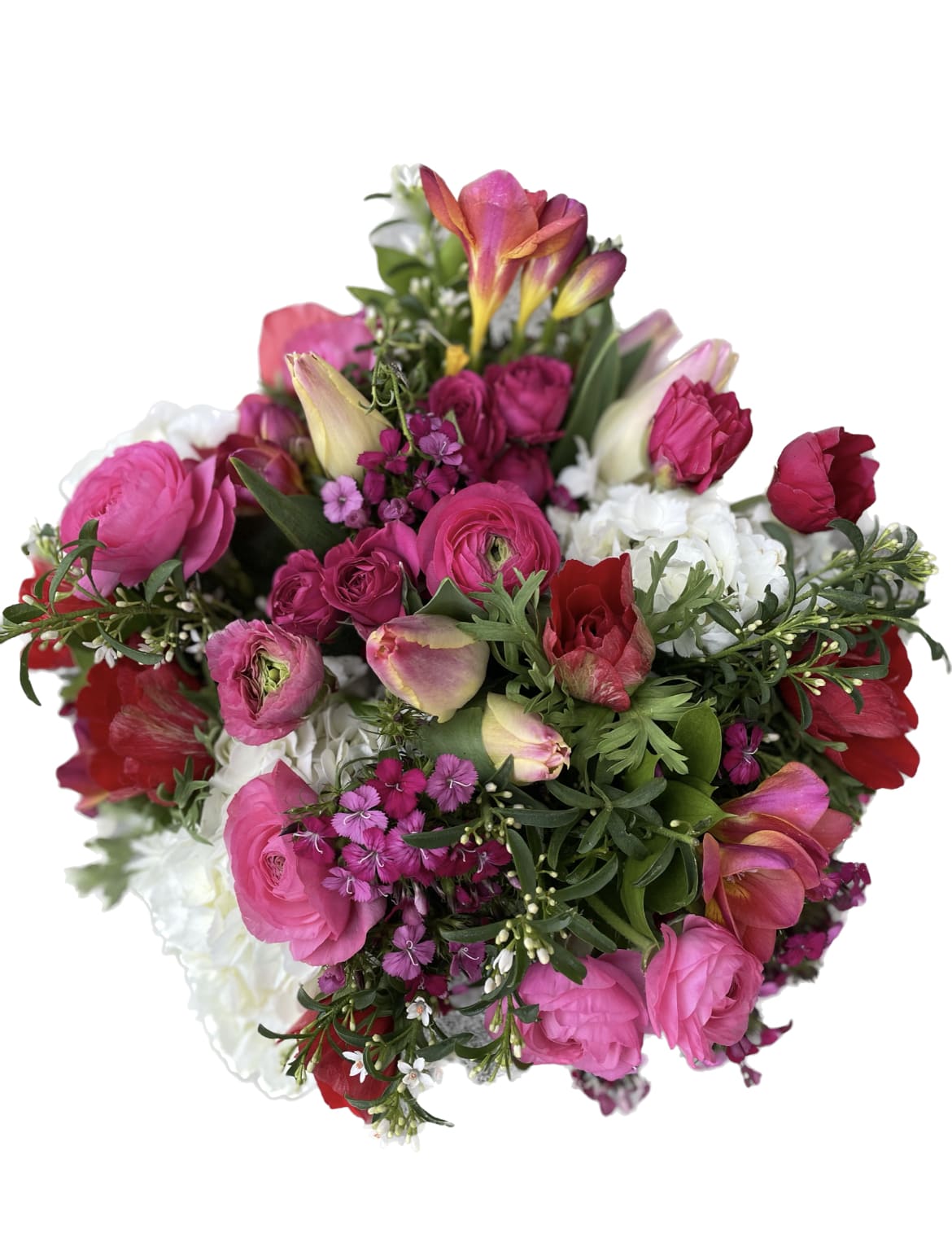 Cherry Pop  - Designers choice in white, hot pink and a bit of fuchsia for good measure. The best that is available at the market in this palette makes  for a lush, interesting, bright arrangement of hot pinks, fuchsia that is sure to brighten up anyones day!   NOTES: We will choose the freshest and most interesting ingredients at the market to make this arrangement shine. Vessels may be substituted depending on availability.   If any design element such as color or flower/foliage are very important to your order please contact us to ensure availability first by calling the shop at  415 751 2747  