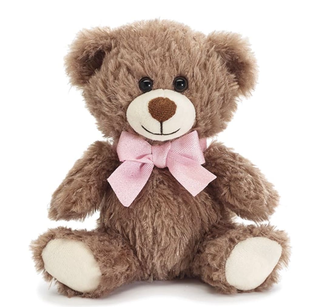  7" SOFT WAVY FUR BEAR WITH PINK BOW - 7" soft wavy furred brown bear with brown nose and soft pink ribbon bow tied around its neck.  Comes with easy tie ribbon loop.  6" W x 5 1/2" D x 7" sitting.