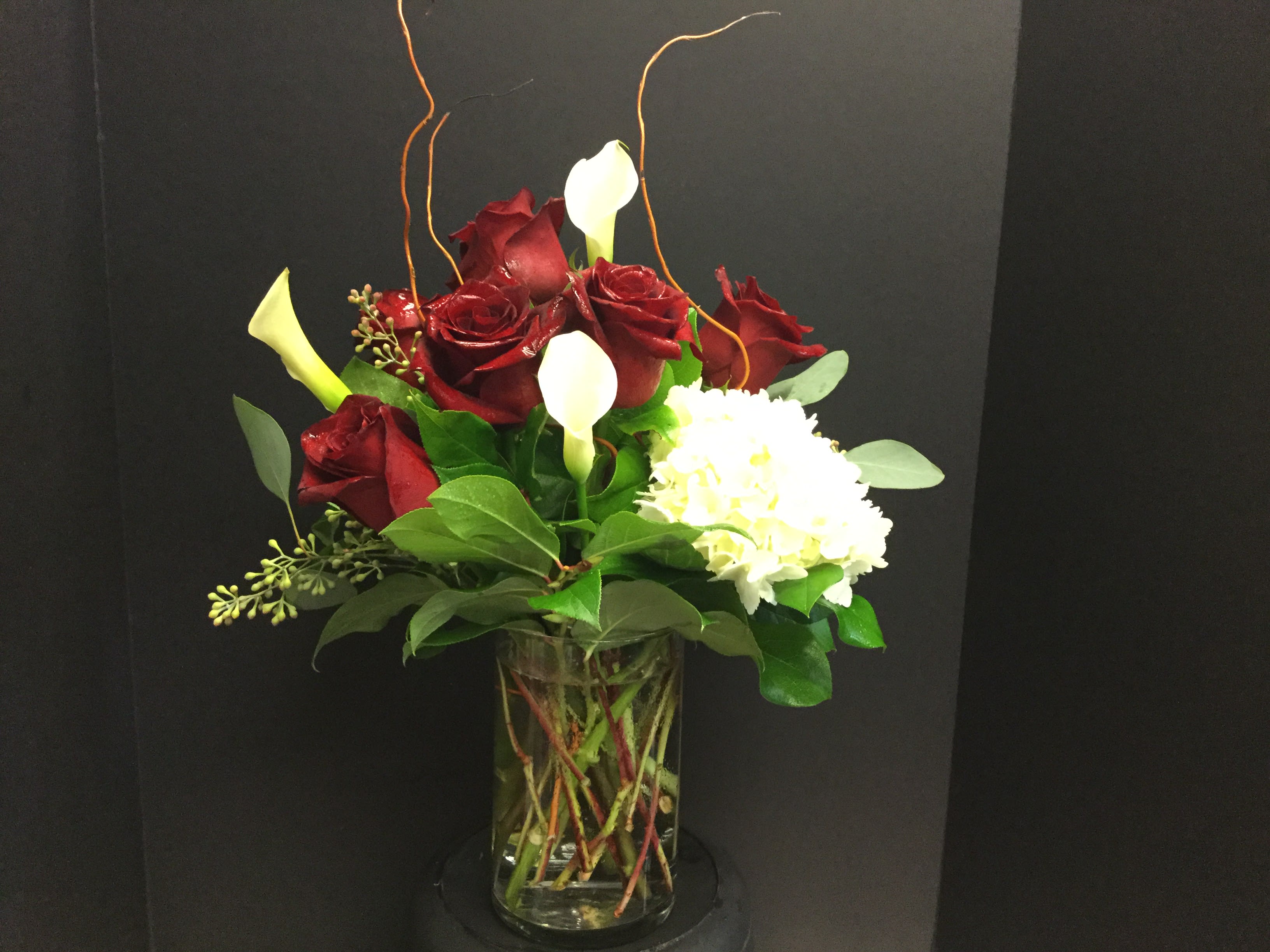 The Sexy - White hydrangea, red roses, white calla lilies for a very special someone!