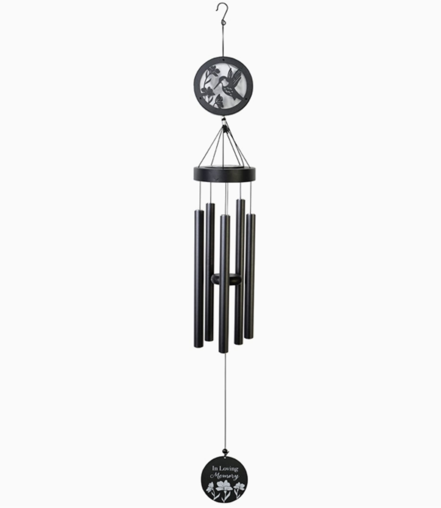 "In Loving Memory" 45" Solar Chime - A 5 center-pinned tubes that emit sweet and gentle tones. These chimes feature all aluminum construction with powder coat, an adjustable striker and an LED solar light that will remain on for 8 hours with a full daytime charge.