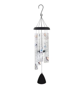 BUTTERFLY MEMORIAL "38" SONNET - Our Picturesque Sonnet Chimes feature powder coated aluminum construction and UV printed tubes with industrial cord. 5 heavy walled tubes that emit gentle tones that are pleasing to the ear. 1 1/4" Diameter Tubes – Adjustable Striker Chime Tubes Read: "A gentle reminder that we’re never far apart. My spirit will live on forever there within your heart."  L: 38" W: 7.625"