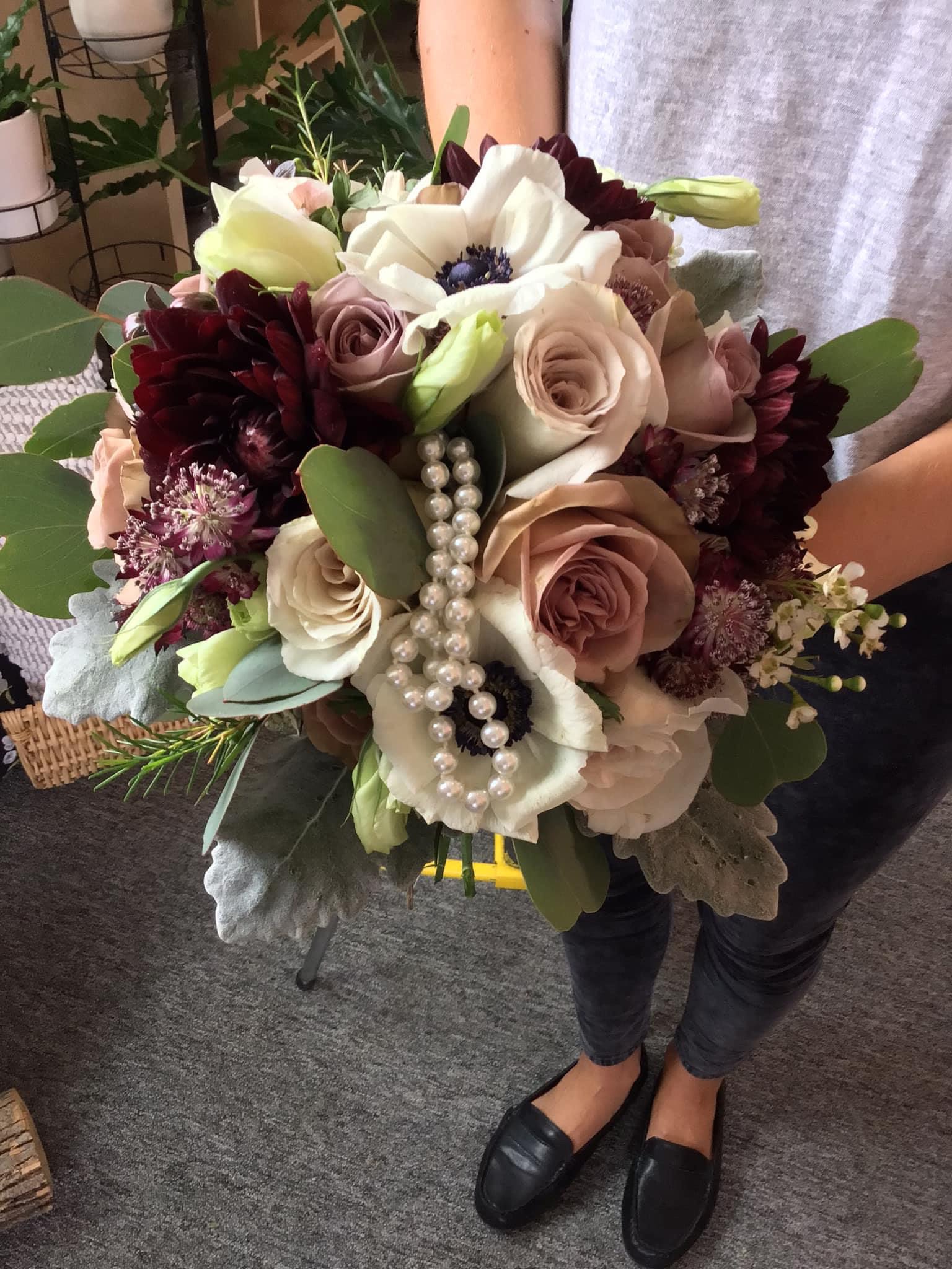 Antique Pearls Bridal Bouquet  - A mix of pink, white &amp; mauve with a stand of pearls.