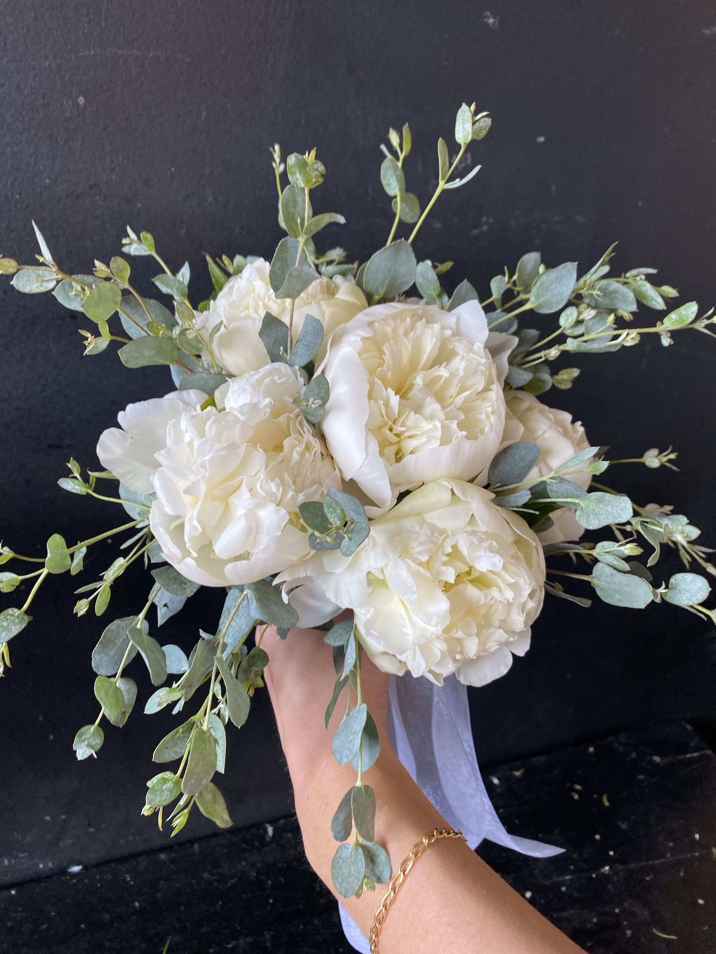 White Peony Bridal Bouquet  - Hand tied bridal bouquet with a half dozen peonies and eucalyptus.