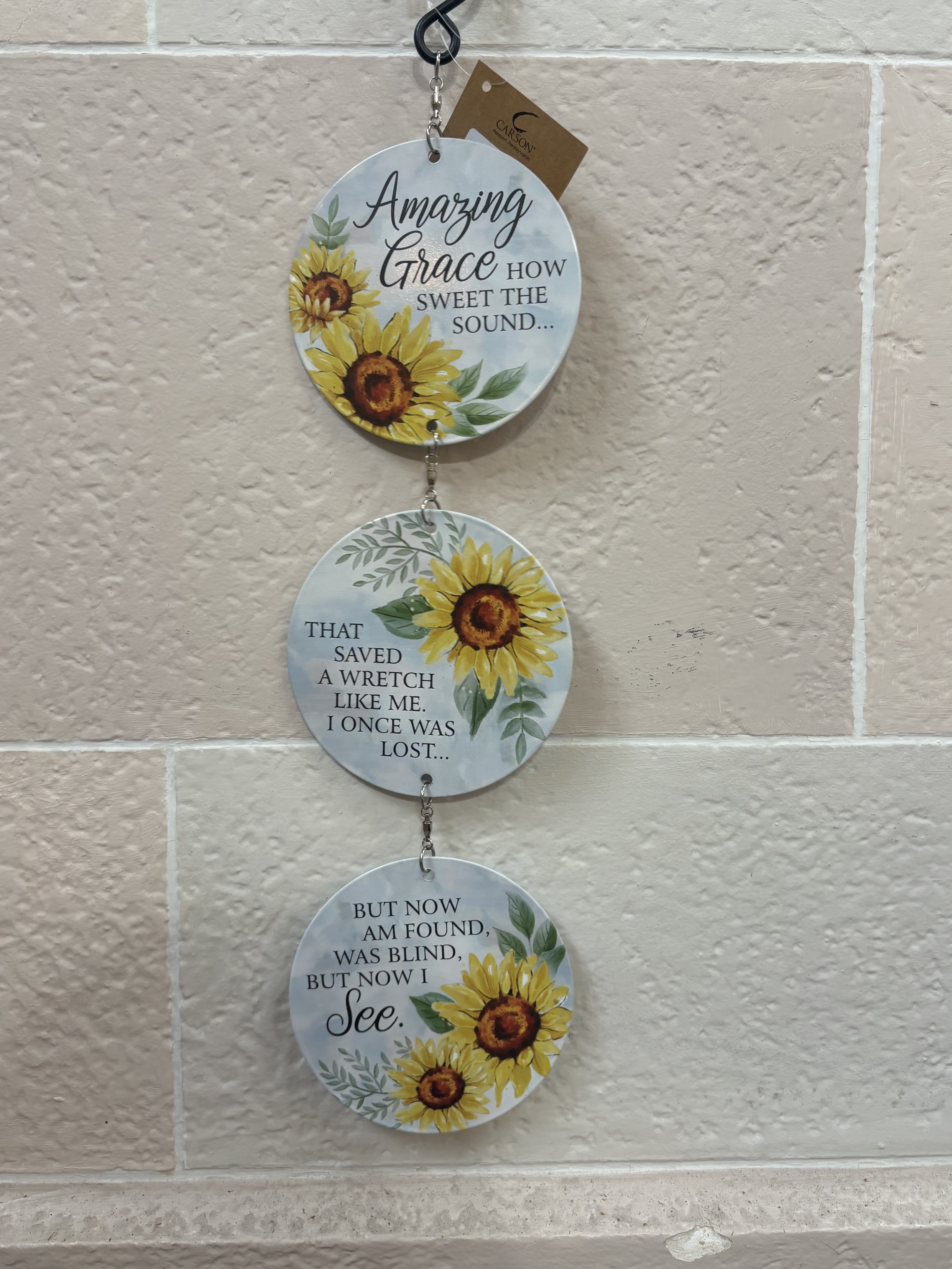 "Amazing Grace" Thermal Printed Spinner  - A thermal printed spinner with sunflowers printed on it.  Text Reads: "Amazing Grace how sweet the sound that saved a wretch like me, I once was lost, but now am found, was blind but now I see" 