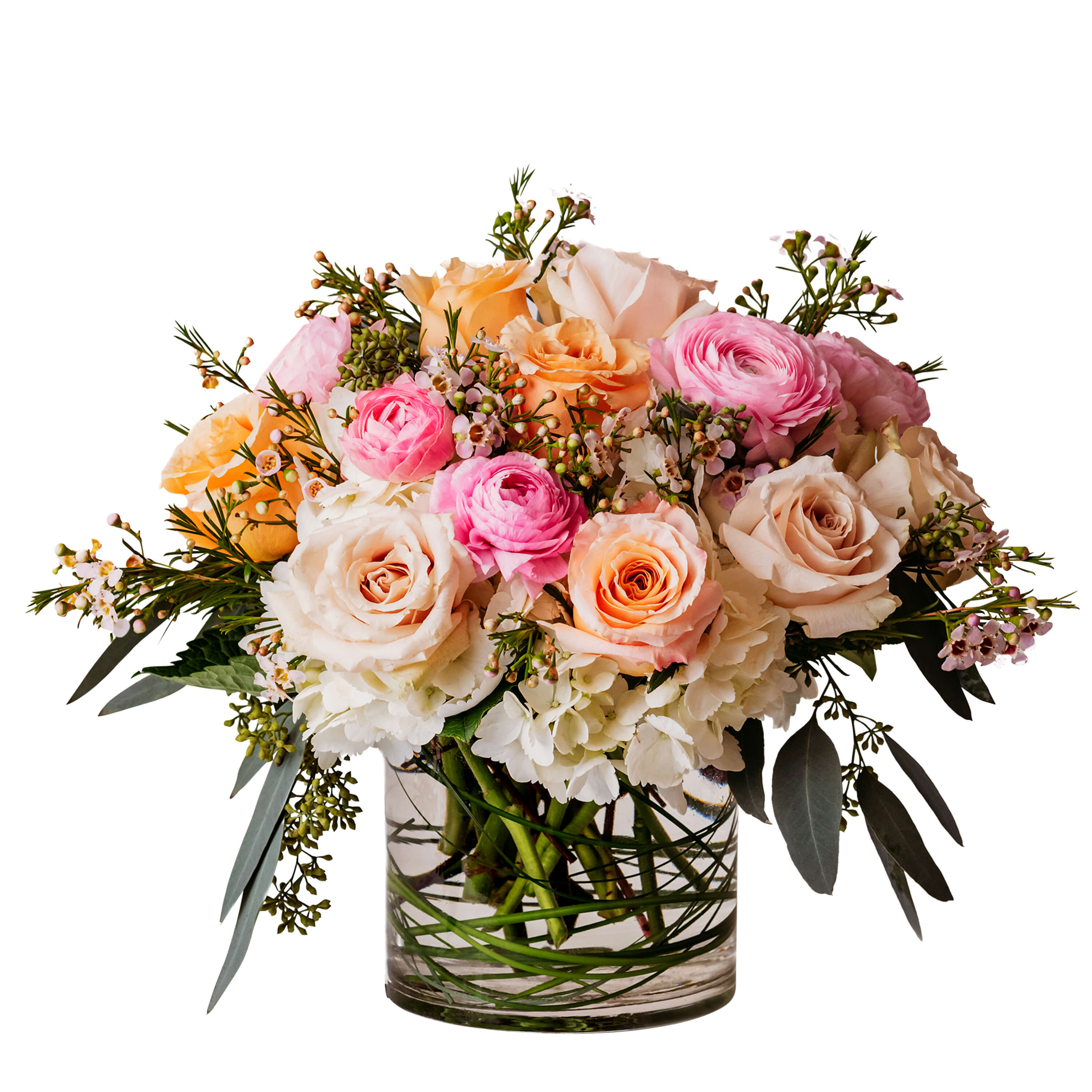 Mabeline - TMF-1566 - She's soft, she sophisticated. Mabeline will steal their heart. Pink and peach roses are paired exquisitely in this cylinder vase.  Approximately 17"W X 12"H