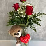 La Fleur - Three roses and a teddy bear.