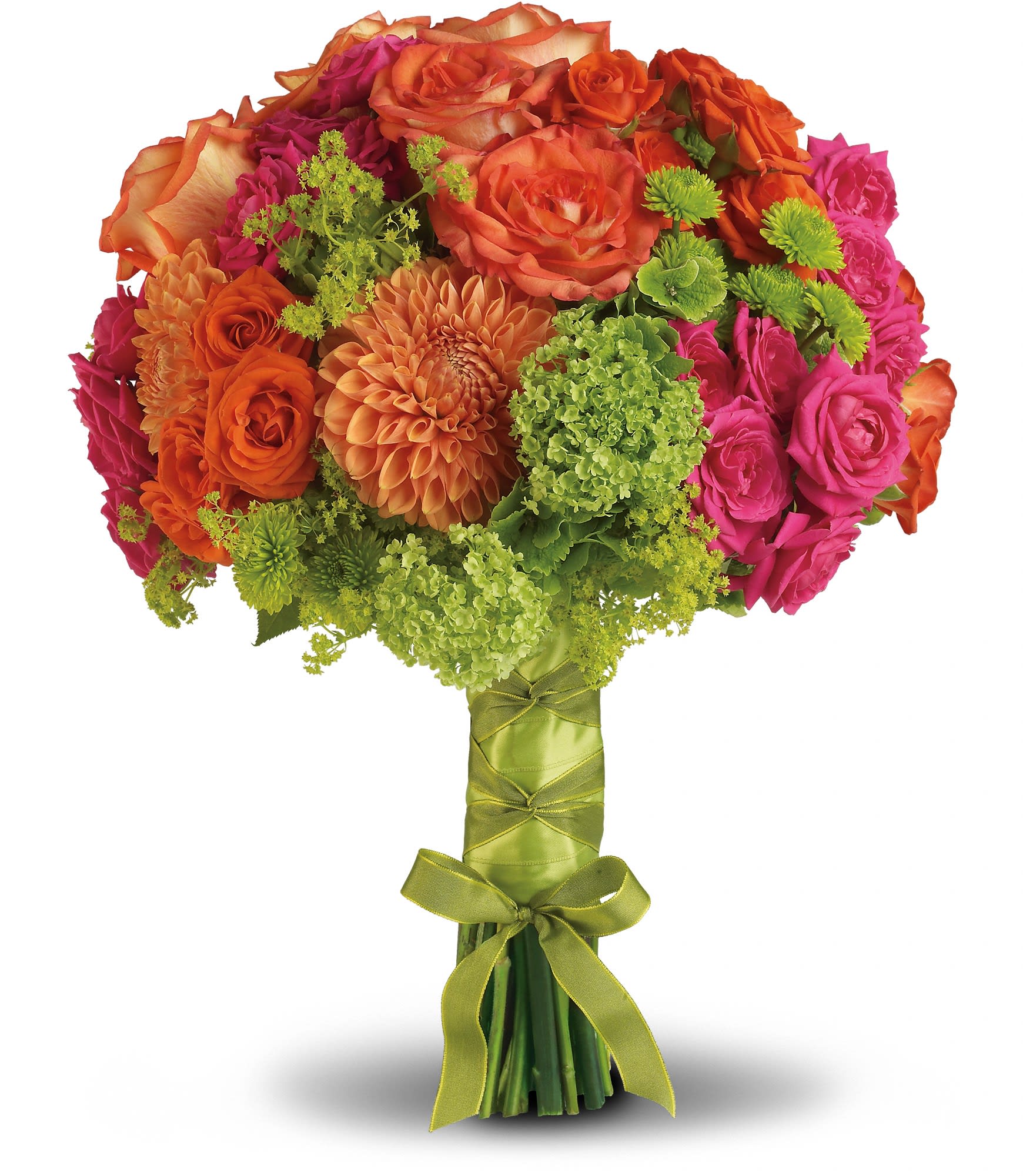 Bright Love Bouquet - T194-9A - You're certainly glowing - why not carry flowers that are, too? This bright bouquet is fabulously fun and fashionable.  Orange and hot pink roses are perfectly paired with orange dahlias, green hydrangea and button spray chrysanthemums, plus green viburnum and accents of lady's mantle.  Approximately 12 1/2" W x 15 3/4" H  Orientation: N/A As Shown : T194-9A  