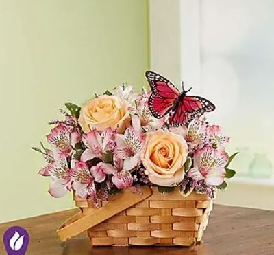 Bountiful Basket - Thoughts of warm spring days inspired floral designer Wendell Cook from 1-800-Flowers | Nancy’s Floral in Gresham, OR to create this beautiful and vibrant arrangement. A rustic handled basket holds a delicate mix of pink and peach blooms for plenty of color and charm. And what better finishing touch than a playful butterfly to bring a little extra whimsy and delight to somebody’s day! **BASKET WILL VARY**