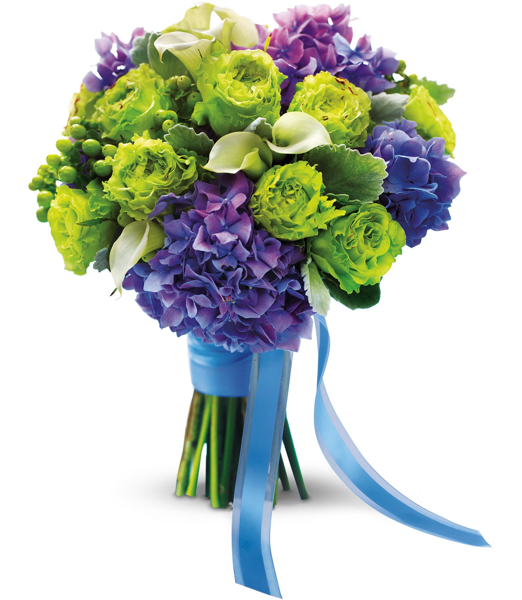 Luxe Lavender and Green Bouquet - T182-2A - Steal the show with this bright, modern mix of green garden roses, purple hydrangea and mini white callas.  Green roses, purple hydrangea and white miniature callas, all bundled in a blue satin ribbon.  Approximately 13" W x 15 1/2" H  Orientation: N/A      As Shown : T182-2A  