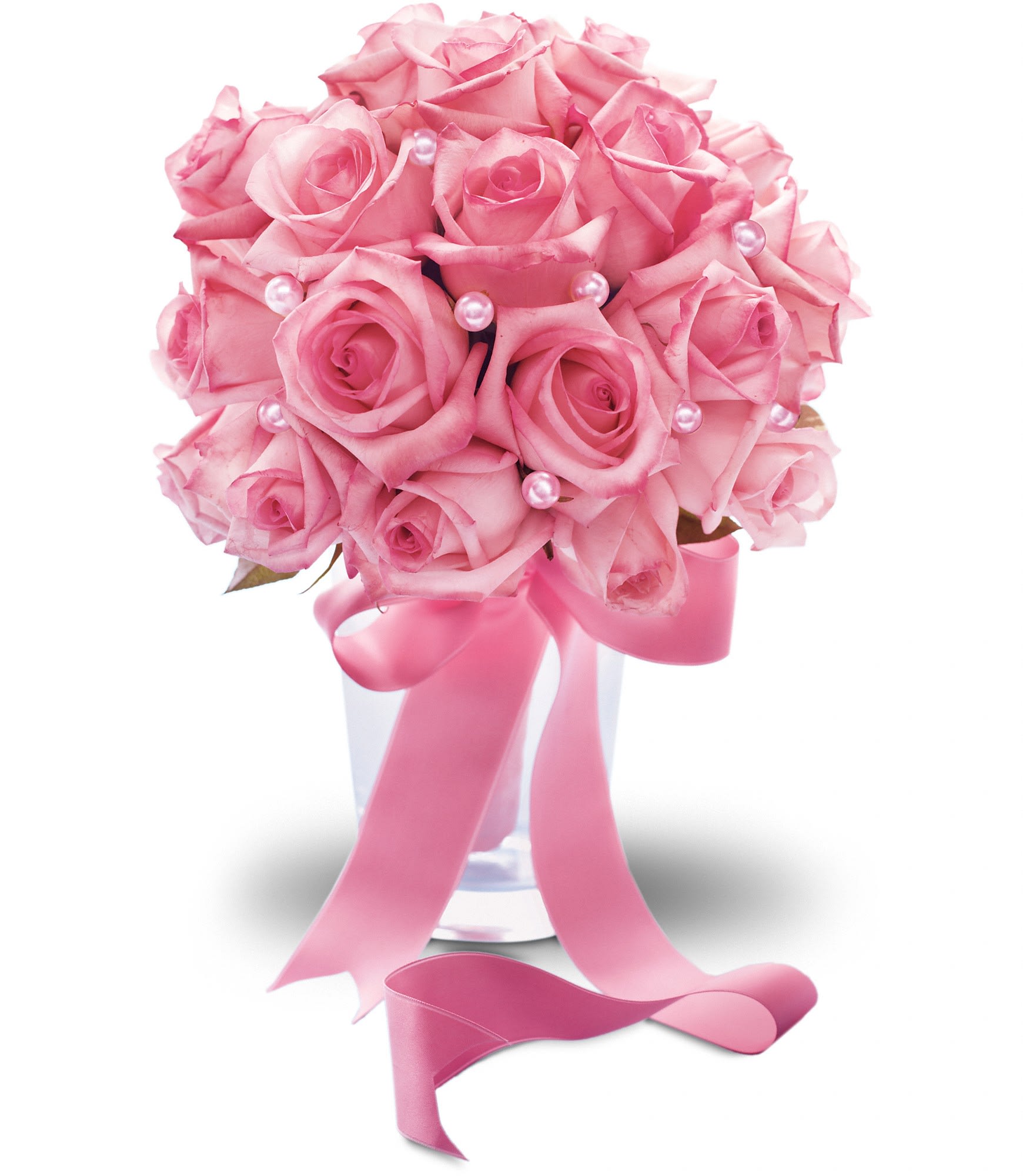 Pink Sorbet Bouquet - T194-1A - Pink-redible! This glamorous, girly bouquet of pink roses is dressed up with corsage pins and wrapped with pink satin ribbon.  A generous array of pink roses wrapped with pink satin ribbon.  Approximately 11 1/2" W x 13 1/2" H  Orientation: N/A      As Shown : T194-1A  