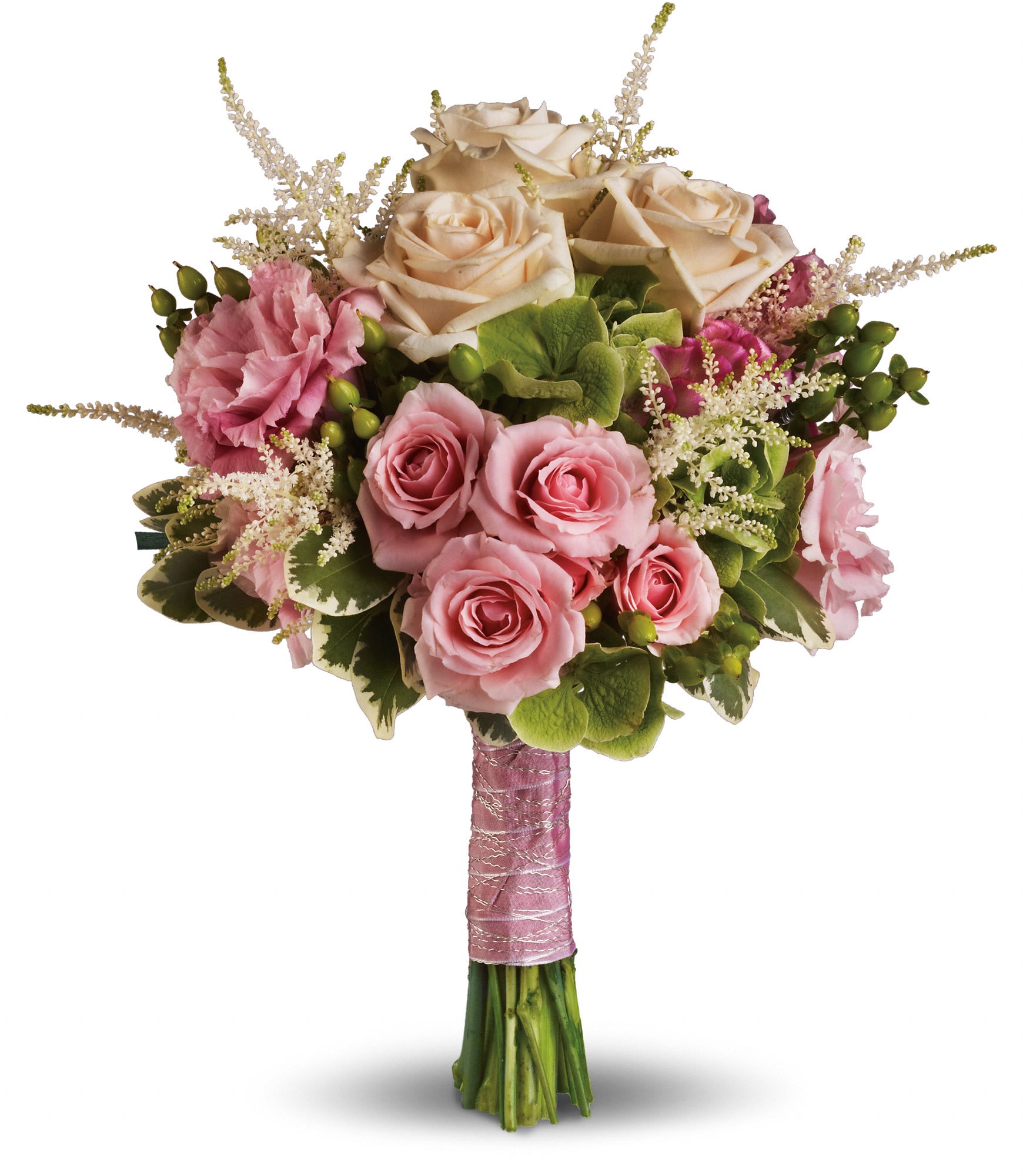 Rose Meadow Bouquet - T191-1A - Like a romantic walk through a meadow of roses, this heartwarming bouquet pairs soft pink with fresh green.  A lovely ensemble of pink roses, white astilbe, green hypericum and hydrangea with variegated pittosporum.  Approximately 11" W x 14" H  Orientation: N/A      As Shown : T191-1A  