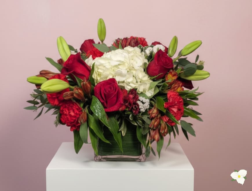 Pull My Heartstrings - Timeless and full of heart, Pull My Heartstrings combines lush white hydrangea with half a dozen red roses, graceful white lilies, fragrant eucalyptus, and vibrant red accent flowers. A striking bouquet that captures the beauty of romance.