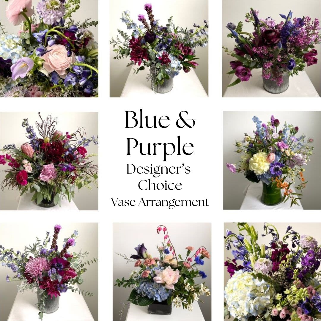 Blue and Purple Designer's Choice Vase Arrangement  - Trust us to create a beautiful and thoughtful monochromatic blue and purple vase arrangement for all occasions. We select the best seasonal blooms and will design something in our Flora lush garden style.   Delivery Info- We make all of our deliveries after 1pm every day. If the weather is very cold, we prefer not to leave the flowers outside. Please let the recipient know that they should expect delivery