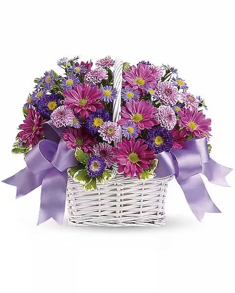 Daisy Daydreams - Get a handle on spring with this delightful array of floral favorites in a charming white bamboo basket accented with lavender ribbon. It will make you both happy.  The cheerful bouquet includes lavender daisy spray chrysanthemums, dark purple Matsumoto asters, lavender cushion spray chrysanthemums and purple Monte Cassino asters accented with fresh greenery. The flowers are delivered in a white bamboo basket