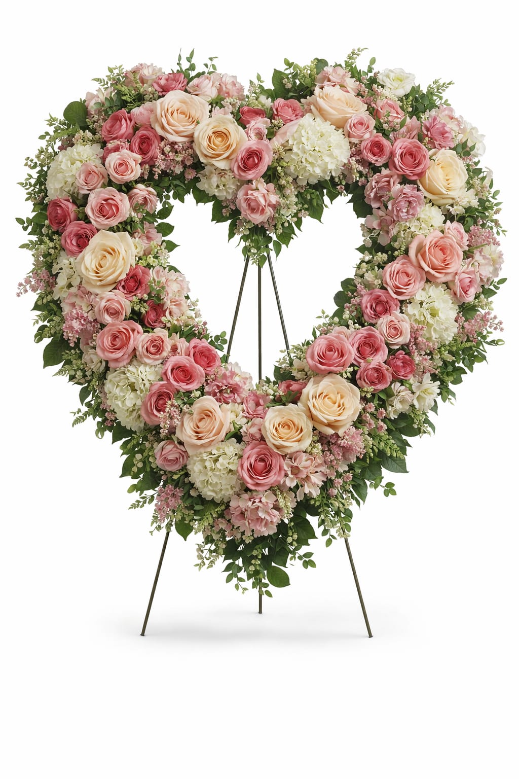 Open Heart of Devotion Spray - The Open Heart of Devotion Spray is a timeless expression of love, remembrance, and eternal connection. Designed in a graceful open-heart shape, this luxurious spray features premium roses, spray roses, and hydrangeas, enhanced with soft seasonal blooms and rich greenery for depth and elegance. Thoughtfully handcrafted and presented on an easel, this arrangement symbolizes enduring love and heartfelt tribute, making it a meaningful choice for services honoring a cherished life.  Floral varieties and shades may vary slightly based on seasonal availability while maintaining the overall color palette and design integrity.