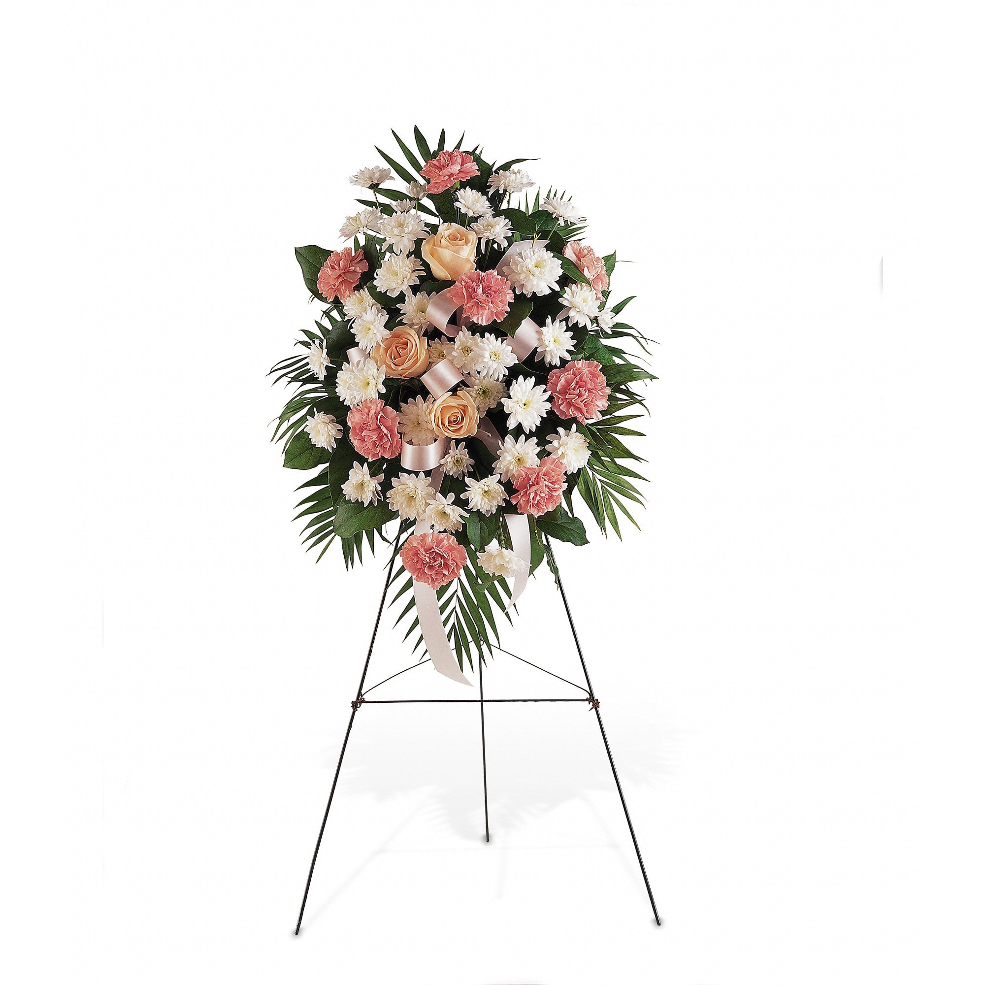 Peaceful Thoughts Spray  - This pink and white standing spray includes Standard roses carnations, chrysanthemums, and carnation flowers that will express your deepest sympathy ever so peaceful to all in attendance.  MUST BE ORDERED 1-2 IN ADVANCE