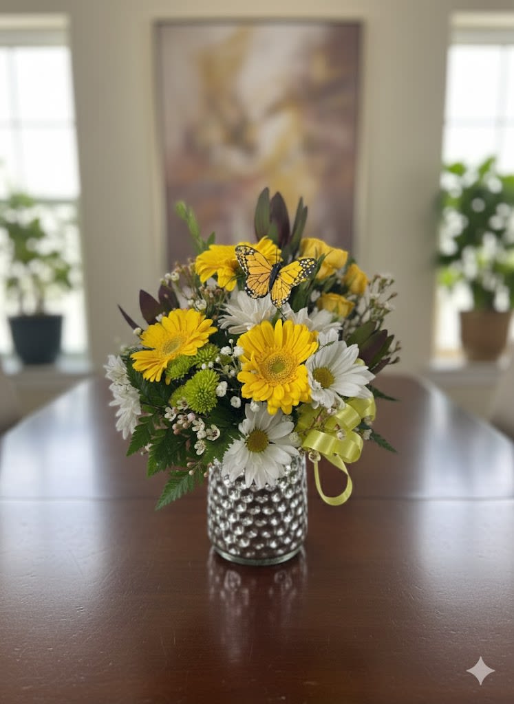 Pineapple Bouquet  - Beautiful arrangement on a silver glass  vase with yellows and whites different type of greens and fillers. Perfect design for a birthday get well thank you  or just thinking of  you.