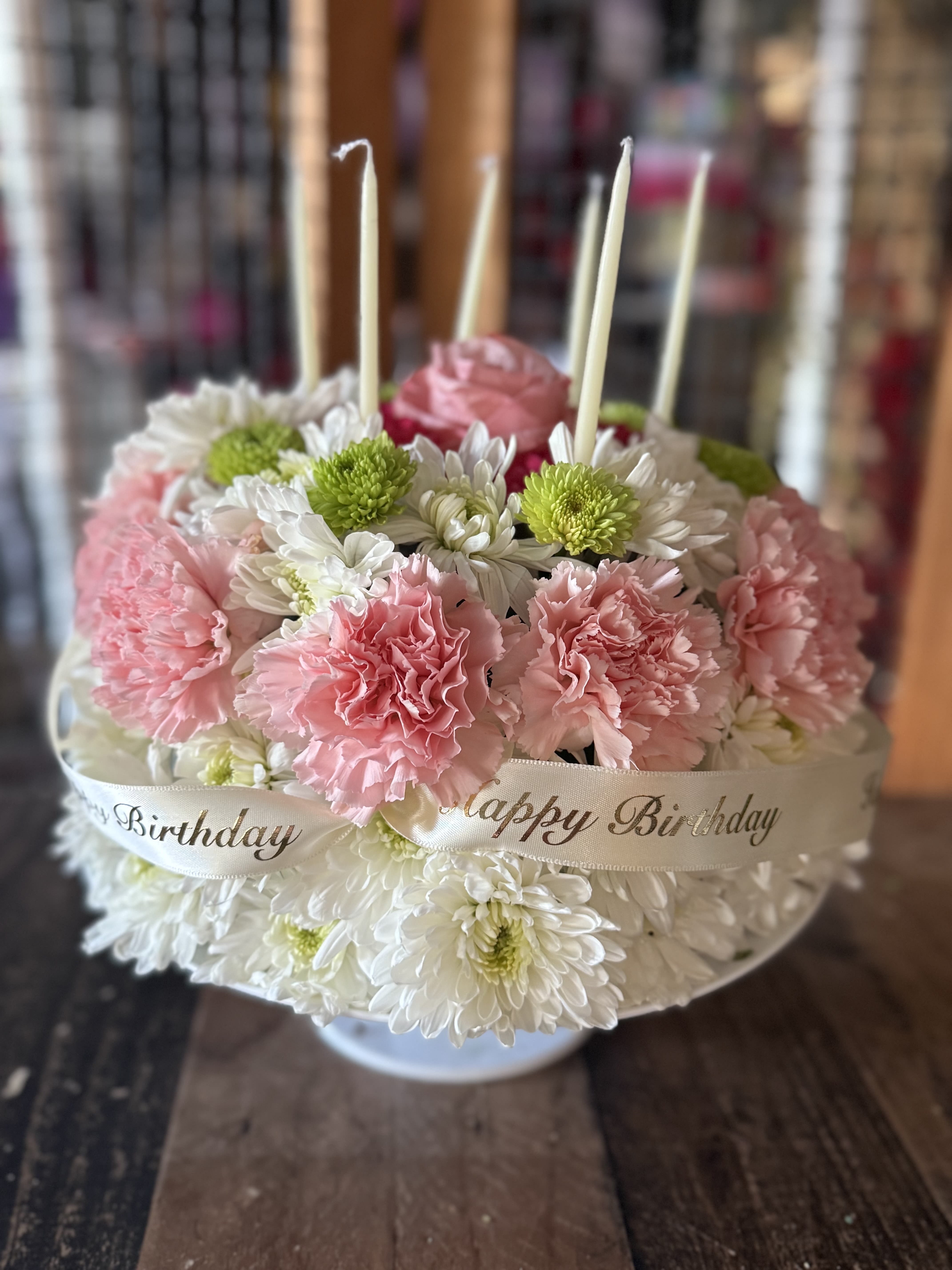 a new day - rose,carnation, pompons