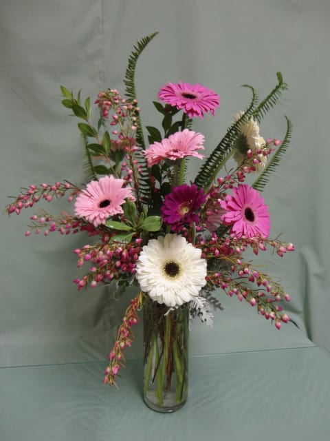 Blushing With Love - Tall clear vase full of beautiful blooming Gerbera Daisy's &amp; more!  