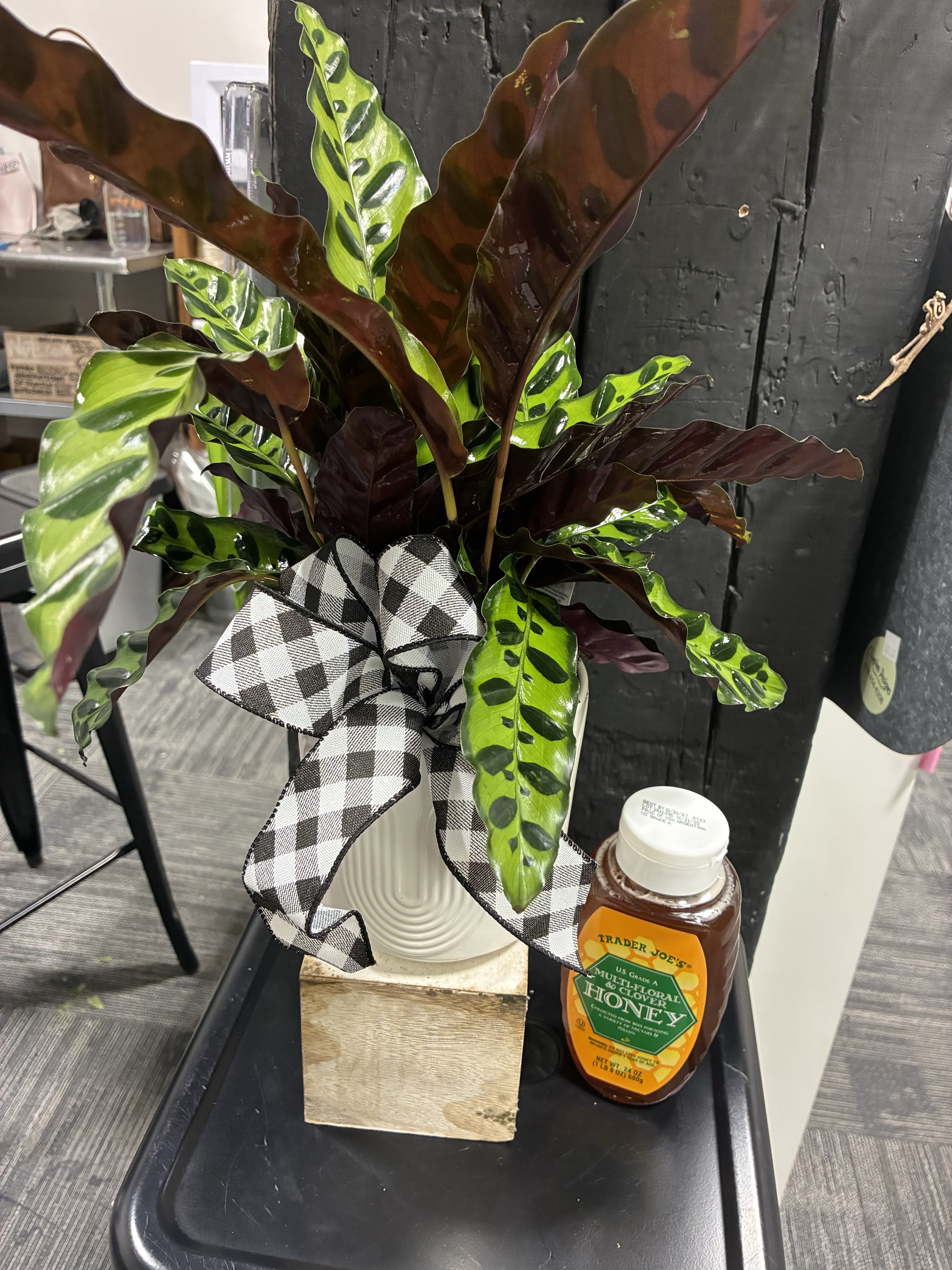 House plant with Honey. - A green houseplant with a jar of honey (local when available)- Sweet!