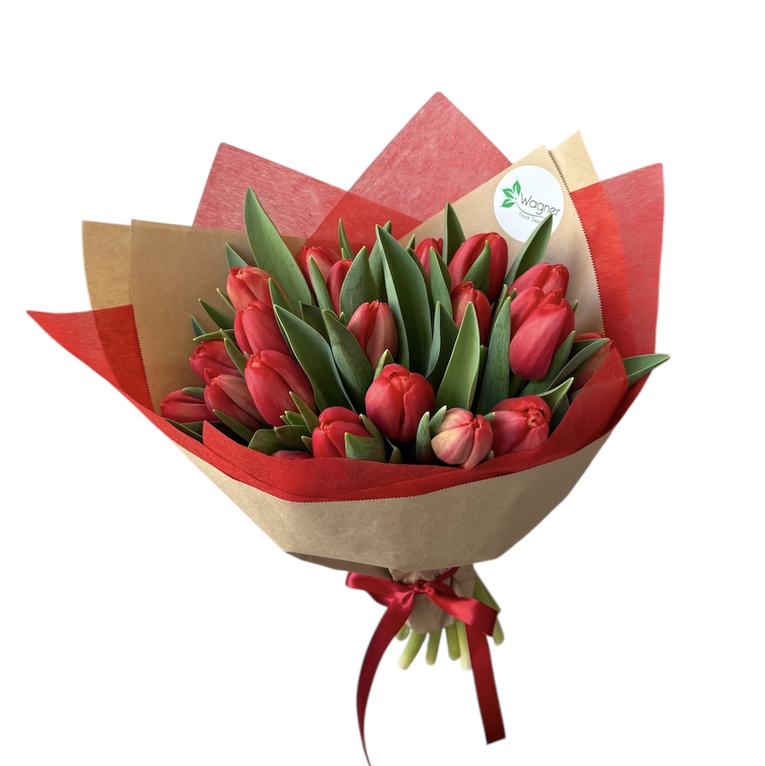 Valentines Tulip Bouquet - 20 Red tulip bouquet wrapped in brown and red paper, as shown in photo.