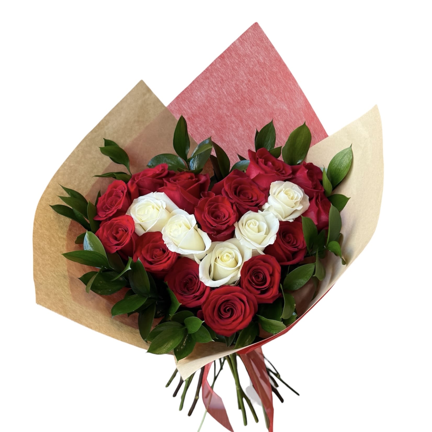 Heart Shaped Bouquet - Red and white roses designed in a heart shape as shown in photo. Wrapped bouquet, vase is not included. 